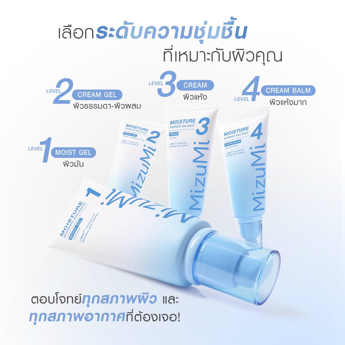 WatsonsThailand's tweet photo. 💙 WELCOME PHUWIN, MizuMi BRAND AMBASSADOR 💙
ในกลุ่มผลิตภัณฑ์ Moisturizer #MizuMixPHUWIN

พร้อมเปิดตัว NEW! MizuMi Moisture Barrier Balance 4 Levels 🩵
✅ FIND YOUR MOISTURE MATCH เลือกระดับความชุ่มชื้น ที่เหมาะกับผิวคุณ ✅
มอยส์เจอร์ไรเซอร์ 4 ระดับ ที่ออกแบบมาเพื่อความต้องการของผิวที่แตกต่างกัน 🫧
เติมความชุ่มชื้นอย่างตรงจุด พร้อมฟื้นบำรุงและเสริมเกราะป้องกันผิว
ให้ผิวดูแข็งแรงและสุขภาพดีไปกับ #Moist4Levels #มอยส์4ระดับ
🫧 พร้อมนวัตกรรม L-MINC™ Technology 🤍
ผสานการทำงานแบบ DUAL-DELIVERY เทคโนโลยีการนำพาสารที่เลียนแบบโครงสร้างชั้นผิว ช่วยเพิ่มประสิทธิภาพการนำส่งสารบำรุงสู่ผิวได้ล้ำลึกยิ่งขึ้นถึง 120% เมื่อเทียบกับสูตรทั่วไป*
พร้อมช่วยเติมและกักเก็บความชุ่มชื้นเพิ่มขึ้นสูงสุด 160% ยาวนาน 8 ชม.^
⭐️ ครบ 3 ฟังก์ชันของมอยส์ในอุดมคติ ⭐️
HUMECTANT เติมความชุ่มชื้นระหว่างชั้นผิว
EMOLLIENT เคลือบผิวลดการสูญเสียความชุ่มชื้น
OCCLUSIVE เสริมปราการผิวแข็งแรง
มอยส์ที่ใช่ มีได้มากกว่า 1 ! ⭐️
✅ เลือกระดับความชุ่มชื้น  4 Levels ให้ตรงกับสภาพผิวและสภาพอากาศที่ต้องเจอ
💧 Moisture Barrier Balance 1 - สำหรับผิวมัน
มอยส์เนื้อเจล บางเบา ซึมไว
เติมความชุ่มชื้น พร้อมบาลานซ์ความมันบนผิว

💧 Moisture Barrier Balance 2 - สำหรับผิวธรรมดา–ผิวผสม
มอยส์เนื้อครีมเจล ซึมไว ไม่เหนอะหนะ
คงสมดุลความชุ่มชื้น ให้ผิวดูสุขภาพดี
💧 Moisture Barrier Balance 3 - สำหรับผิวแห้ง
มอยส์เนื้อครีม สบายผิว ไม่เหนอะหนะ
ฟื้นบำรุงผิวแห้งหยาบกร้าน พร้อมเติมความชุ่มชื้นยาวนาน
💧 Moisture Barrier Balance 4 - สำหรับผิวแห้งมาก
มอยส์เนื้อครีมบาล์ม เกลี่ยง่าย ไม่มัน
ฟื้นบำรุง พร้อมเสริมเกราะป้องกันผิวให้แข็งแรง
📌 พร้อมโปรเปิดตัวสุดพิเศษ!
ราคา 445.- จากปกติ 890.-
🛒 สามารถชอปได้แล้ววันนี้! ทุกช่องทางออนไลน์และร้านค้าชั้นนำทั่วประเทศ
MizuMi Moisture Barrier Balance 4 Levels 💦
เลือกระดับความชุ่มชื้นที่ใช่ ให้ผิวแข็งแรงในทุกวัน 🫶🏻
#MizuMi #Phuwin #รีวิววัตสัน  ​
*อ้างอิงผลการทดสอบการซึมผ่านผิวหนัง (SKIN PERMEABILITY TEST) โดย GWAY COSMETICS เปรียบเทียบปริมาณ NIACINAMIDE ที่ซึมผ่านใน 24 ชม. ​
ระหว่าง HAMIN-C CREAM และ LIQUID CRYSTAL CREAM ​
^ผลการทดสอบประสิทธิภาพการให้ความชุ่มชื้นของมอยส์เจอไรเซอร์ (MOISTURIZING EFFICACY REPORT) ในอาสาสมัคร หลังใช้ MIZUMI MOISTURE BARRIER BALANCE 4 เป็นเวลา 30 นาทีโดย ICT MANUFACTURING CO.,LTD. (MAY 2026) ผลลัพธ์ขึ้นอยู่กับสภาพผิวของแต่ละบุคคล
