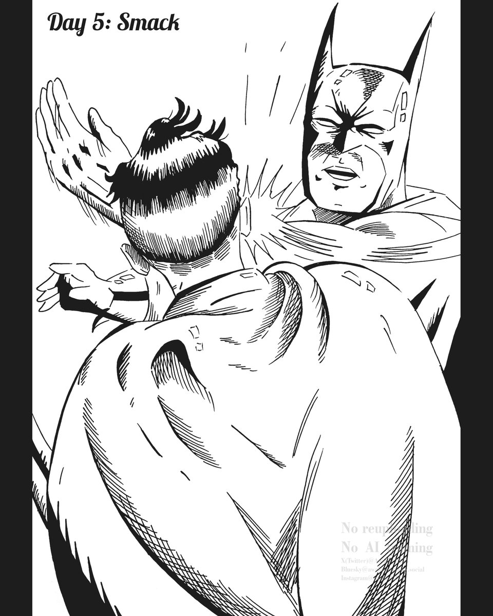 Awake_1244's tweet photo. Inktober 2026, day 5: Smack.
The first thing that popped up in my mind, when I saw the word "smack" was the infamous panel of Batman slapping Robin, I just had to give it a go. Peace.
-A.w.a.k.e.
_
_
_
#inktober #inktober2026 #art #drawing #batman https://t.co/UcLbgCtaX1