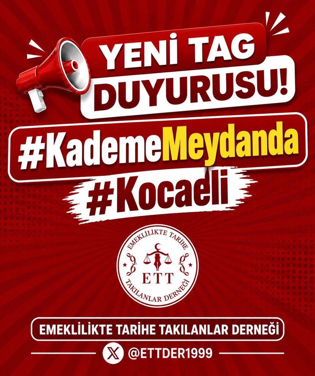 ETTDER1999's tweet photo. 📢 YENİ TAG DUYURUSU

Artık söz meydanda, ses Kocaeli’de!

📍 11 Ekim Pazar
🕔 17.00
📌 Sabri Yalım Parkı – İzmit

Kademeli Emeklilik Federasyonu olarak adalet ve hakkımız için meydandayız.

@KademeFed
@EmekDerResmi
@ETTDER1999

#KademeMeydanda
#Kocaeli https://t.co/iWkIJWyFCG