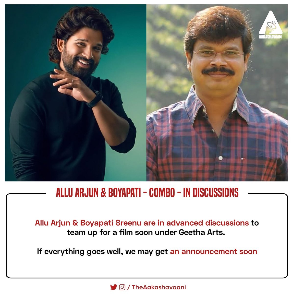 Theframefilms's tweet photo. A #FrameFilm Exclusive:🎬

After sarrinodu Blockbuster combo of #Alluarjun x #BoyapatiSrinu is discussions goes for one more film under #GeetaArts productions not at finalized. 

Updates soon📢 https://t.co/pemixXqnC7