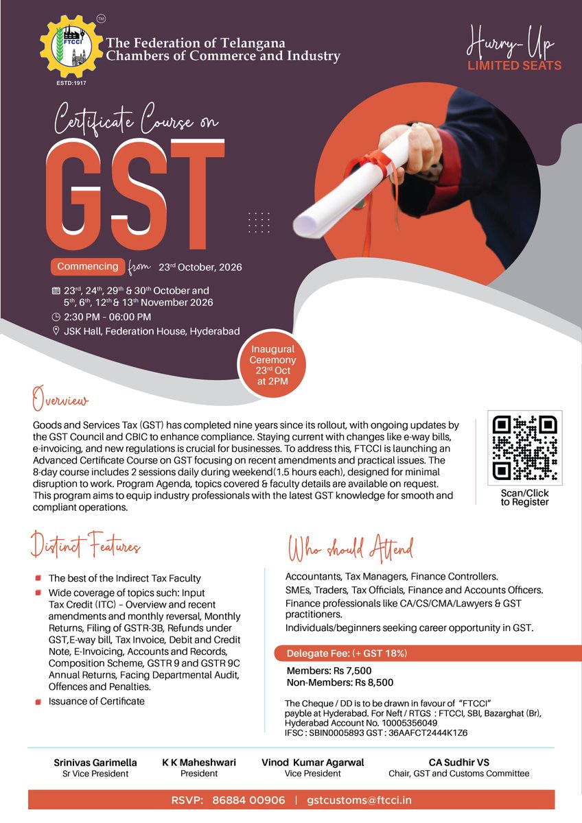 FTCCI's tweet photo. The @FTCCI is organizing a Certificate Course on GST

Commencing from: 23 Oct 2026
Inaugural Ceremony: 23 Oct 2026 at 02:00 PM

Register Now: https://t.co/5vlYBQzfQj

#FTCCI #GST #GSTCourse #Taxation #ProfessionalDevelopment https://t.co/wuyvGZy3Jd