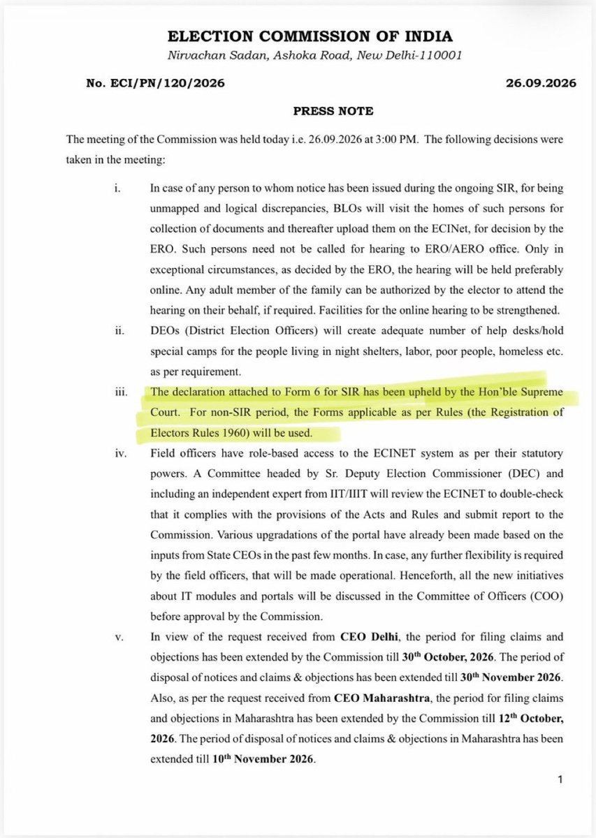 Cockroachisback's tweet photo. On September 26, the Election Commission said in a press release that the SIR declaration attached to Form 6 had been upheld by the Supreme Court.

Today, the CJI made it clear: “Any modified Form 6 has not been approved by us.” 

If the Supreme Court did not approve this modified Form 6, why did the ECI claim it did? 

The ECI owes the country an answer.