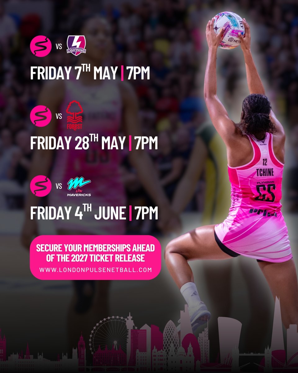 Pulse_Netball's tweet photo. LONDON’S CALLING 📞💗2027 home fixtures are LIVE! 7 games at the Copper Box Arena —the ONLY place to watch the NSL in London! 🏟️

🎟️ Lock in your Pulse Membership today for priority ticket access on 12th October!

📲 Full schedule & memberships: https://t.co/TH5BXpG9y2

#LondonPulse #LondonsCalling #NSL2027 #FeelThePulse