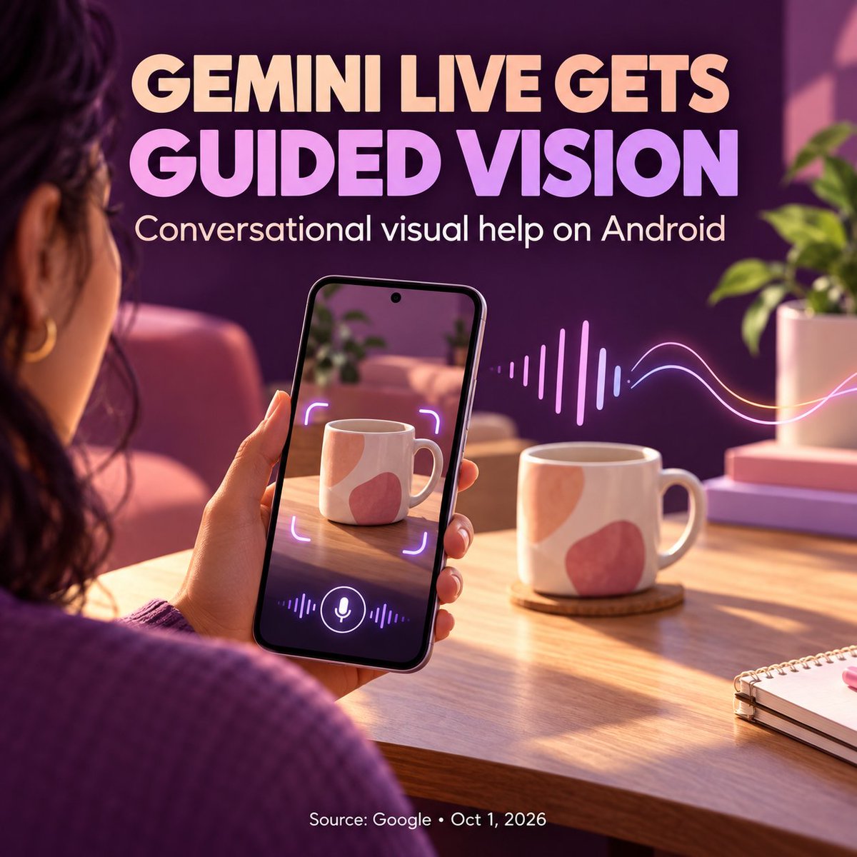 FreeAIPlatform_'s tweet photo. Google launched Guided Vision in Gemini Live on Android. Share your camera to hear descriptions, ask follow-up questions and get spoken framing cues. Built with blind and low-vision testers. Not a navigation or mobility aid. Source: Google, Oct 1, 2026. #AINews #Accessibility https://t.co/KLUjbLym5w