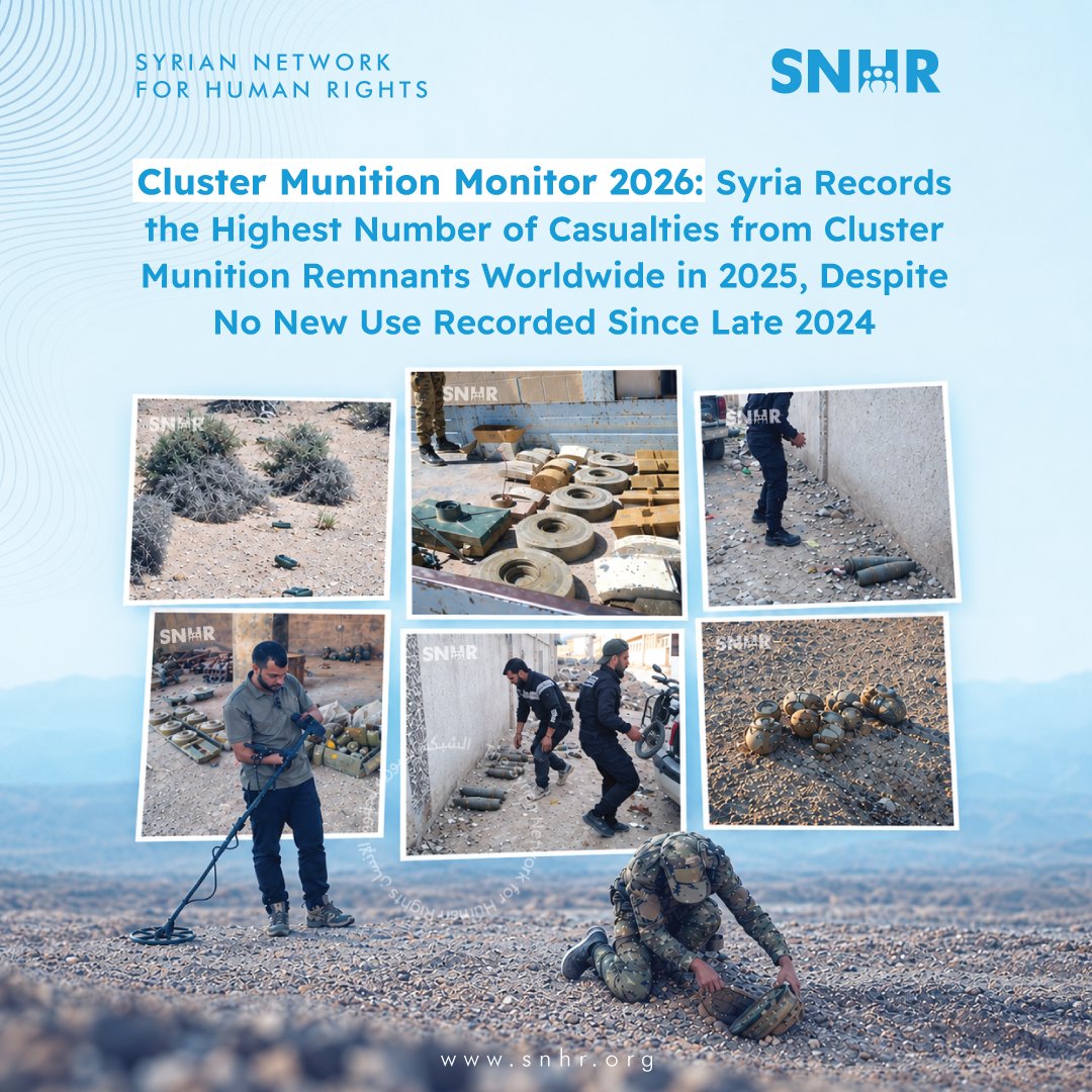 snhr's tweet photo. Cluster Munition Monitor 2026: Syria Records the World’s Highest Number of Victims of Cluster Munition Remnants in 2025 Despite No New Use Reported Since Late 2024
Syrian Network for Human Rights (SNHR) is the Cluster Munition Monitor’s country member for Syria and shares all documented data with the Monitor.
The 2026 Cluster Munition Monitor report found that Syria recorded the highest number of people killed or injured by cluster munition remnants in a single country in 2025, with 68 casualties out of 117 recorded worldwide.
The Syrian Network for Human Rights (SNHR) has been a member of the Cluster Munition Monitor for Syria since 2020, sharing documented data on the use of cluster munitions, victims, incident locations, and the parties responsible.
Although no new use of cluster munitions has been documented in Syria since late 2024, their remnants continue to pose a serious and ongoing threat to civilians, particularly in areas that have not undergone comprehensive surveying or sufficient clearance operations.
According to the report:
At least 1,063 people were killed or injured by cluster munitions worldwide in 2025.
117 casualties were recorded as a result of cluster munition remnants, with 68 occurring in Syria, accounting for approximately 58% of the global total.
A total of 4,557 people have been documented as killed or injured in Syria as a result of cluster munition attacks and their remnants

View full statement: https://t.co/kMeDkLbboY
#SNHR #Syria

@banclusterbombs 
@MineMonitor
@minefreeworld