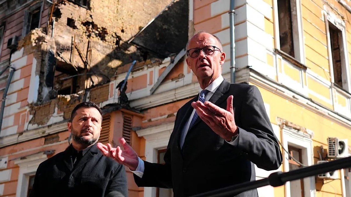 wartranslated's tweet photo. During the air-raid alert in the Ukrainian capital, German Chancellor Friedrich Merz stepped in front of the cameras and addressed Putin:

"Mr. Putin, stop this senseless war! We are ready for negotiations; we are ready to talk to each other about ending this war. But these barbaric attacks on the civilian population of Ukraine must stop."