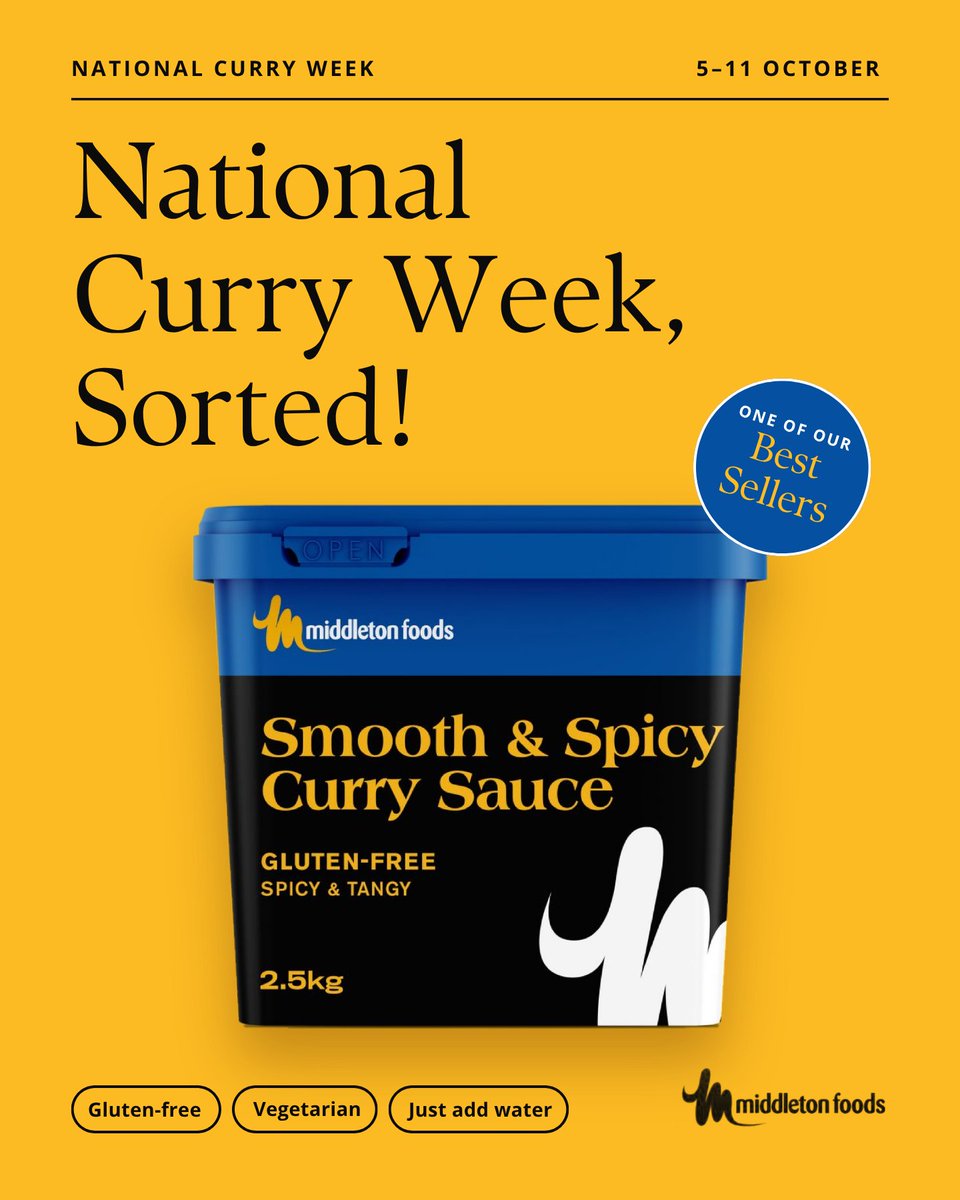 MiddletonFrying's tweet photo. National Curry Week, sorted!

Our Smooth &amp; Spicy Curry Sauce is full of flavour, easy to prepare and perfect with chips, fish and more.

Gluten-free, vegetarian and just add water.

#MiddletonFoods #NationalCurryWeek #BetterBatter #MarketLeaders https://t.co/y9eQdAxYYK