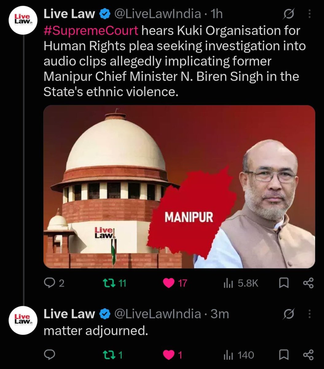 DynastyDoungel's tweet photo. A REALITY CHECK

If the Government of India were genuinely committed to resolving the political crisis in Manipur, the matter could be resolved within 24 hours. The lack of seriousness on the part of the authorities becomes evident on the eve of every Supreme Court hearing, particularly with regard to the role of the then Chief Minister, Shri Nongthombam Biren Singh @NBirenSingh, who was responsible for orchestrating genocide against the peace-loving Kuki-Zo community. The question that arises is: why is the BJP continuing to shield Shri Nongthombam Biren Singh from facing justice?

Likewise, had the Hon'ble Chief Minister of Manipur, Shri Yumnam Khemchand Singh @YKhemchandSingh , been sincere in addressing the tensions between the Tangkhul-Liangmai and Kuki-Zo communities, appropriate and timely action would have been initiated when Litan Sareikhong Village was burnt by cadres of the Tangkhul NSCN-IM following a drunken altercation.

It is becoming increasingly evident that neither the political leadership at the Centre nor in the State, nor the community leaders, appear to be genuinely interested in fostering peaceful coexistence in this deeply troubled state.

@narendramodi @AmitShah @rashtrapatibhvn @nitin_gadkari @JPNadda @tarunchughbjp @rajnathsingh @himantabiswa @PMOIndia @HMOIndia @BDUTT @vijaita @TanushreePande @ShashiTharoor @virsanghvi @KaranThapar_TTP @Dig_raw21 @majorgauravarya @Gen_VKSingh @LtGenPCN @palepurshankar @kayjay34350 @Ptr6Vb @TheSatishDua @GeneralBakshi @KreatelyMedia @MeghUpdates @Nagaland_India @Nagaland_Post @morungexpress05 @ukhrultimes @WungMedia @TheSangaiExpres @PoknaphamNews @meiteiheritage @LokBhavManipur @BhallaAjay26 @YKhemchandSingh @KonthoujamG