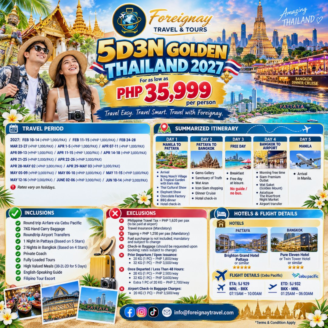 KetyBelo's tweet photo. GOLDEN THAILAND 2027: Bangkok + Pattaya, 5D3N from ₱35, 999 per person. Enjoy temples, shopping, cultural shows, Nong Nooch, Sanctuary of Truth, dinner cruise, hotels, meals, tours, airfare, and more. Book early for preferred dates. https://t.co/v1kU63gRsQ