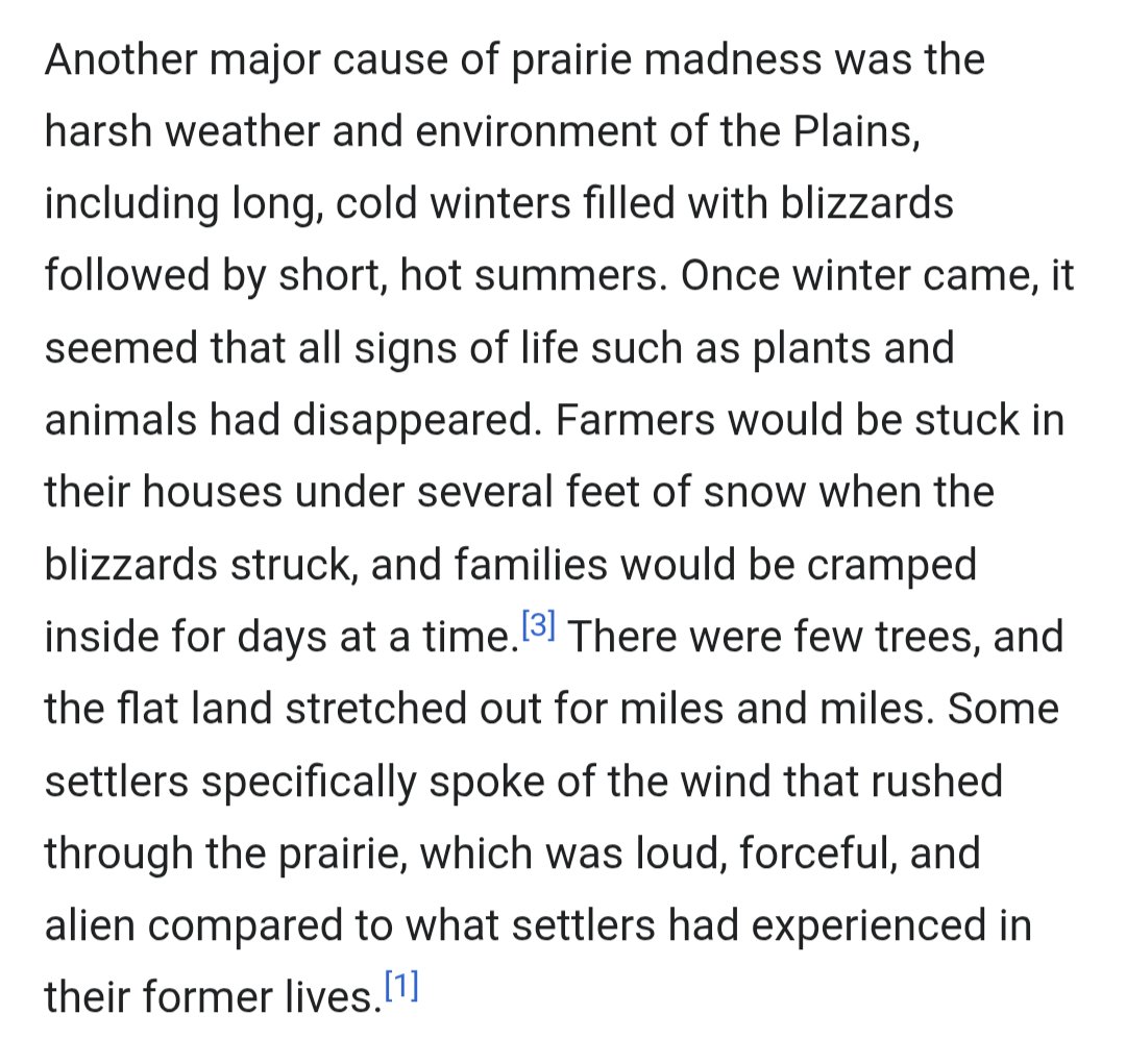 PatrickHeizer's tweet photo. When Europeans first settled the Great Plains, so many of them developed mental issues that "Prairie Madness" was coined.

Severe isolation combined with the flattest land, lack of trees, and extremely bipolar weather literally broke many of them. https://t.co/82xbN6SnbB