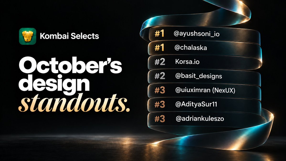 kombaiselects's tweet photo. We couldn't fit October's top three into three names 🏆

With ties across all three ranks, here's who's leading the Kombai Selects leaderboard:

🥇 @ayushsoni_io
🥇 @chalaska
🥈 https://t.co/Lla7XOdm2B
🥈 @basit_designs
🥉 @uiuximran (NexUX)
🥉 @AdityaSur11
🥉 @adriankuleszo

Congrats to all seven. 
Go explore what they've been creating → https://t.co/bTDrkkTeTH