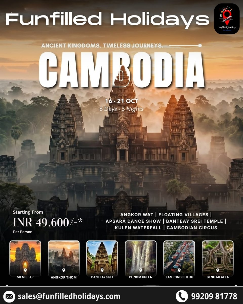 CarmenCullaSala's tweet photo. Ancient kingdoms. Timeless journeys. Unforgettable memories. Explore Cambodia in 6 days, from Angkor Wat and floating villages to waterfalls, cultural shows, and ancient temples. 16–21 October | 6 Days / 5 Nights
Starting from INR 49, 600 per person https://t.co/POjqbh6o4Q