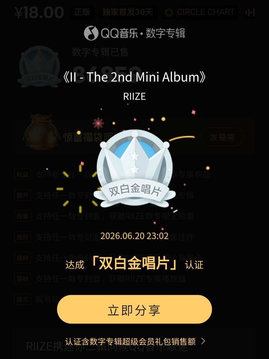 archi_bluu's tweet photo. RIIZE ‘II’ has officially achieved Double Platinum Record (2 million RMB) on QQ Music, becoming RIIZE’s second QQ Music Double Platinum album!🥳 https://t.co/JLZ1f6oJw8