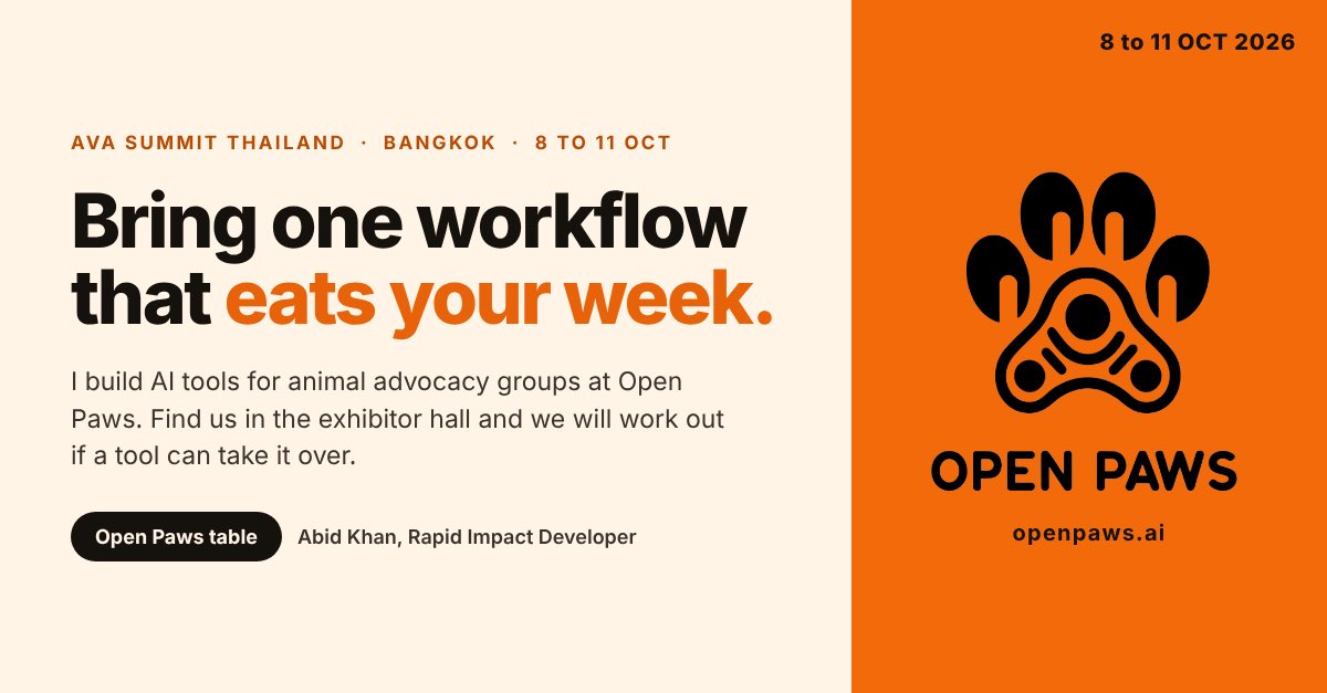 larysonlawliet's tweet photo. Heading to Bangkok for the AVA Summit, 8 to 11 Oct.
If you work on farmed animal and other animal issue in Asia
And interested in Tech and how AI is doing in the movement or could do
come find me at our table.
#AVASummit #Thailand #Openpaws https://t.co/BY6FGGX2i6