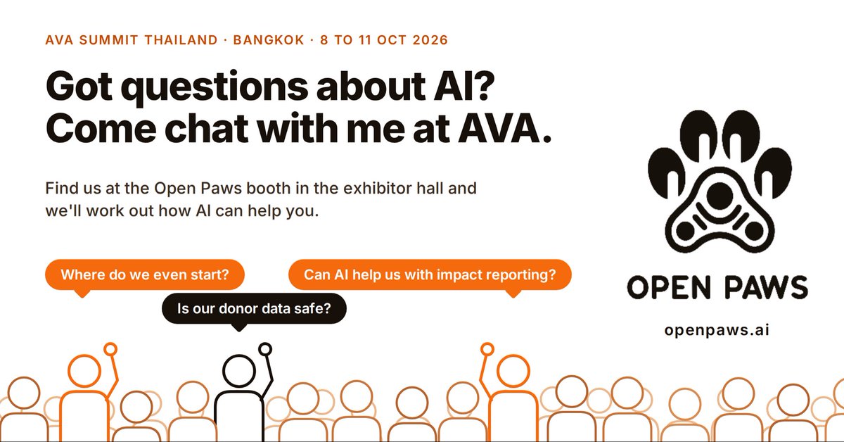 larysonlawliet's tweet photo. Heading to Bangkok for the AVA Summit, 8 to 11 Oct.
If you work on farmed animal and other animal issue in Asia
And interested in Tech and how AI is doing in the movement or could do
come find me at our table.
#AVASummit #Thailand #Openpaws https://t.co/BY6FGGX2i6
