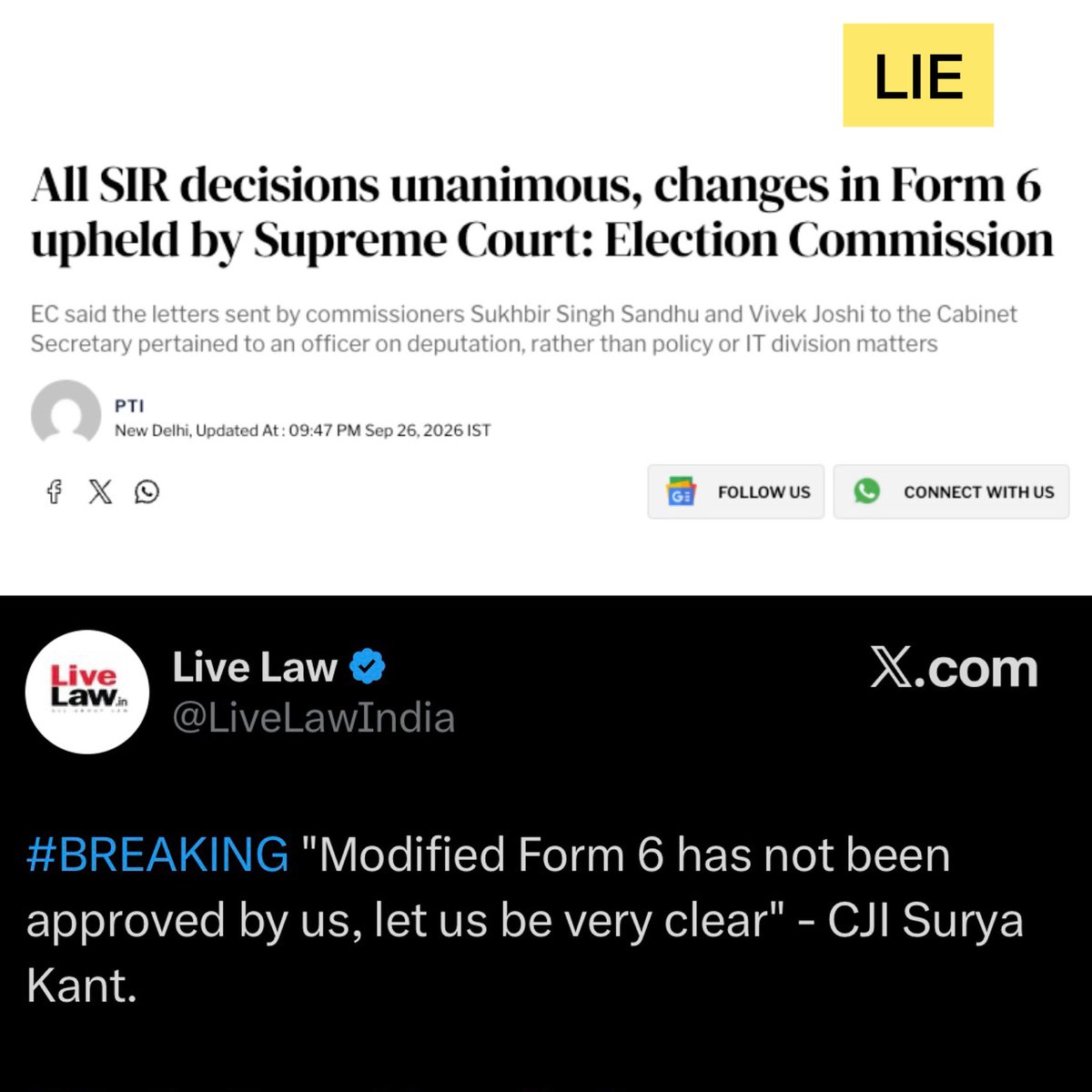 RoshanKrRaii's tweet photo. BREAKING : Gyanesh Kumar caught red handed lying by the Supreme Court of India.

He falsely claimed that ALL SIR DECISIONS WERE UPHELD BY SC.

CJI clarified today that they have not approved modifications in FORM 6.

This amounts to criminal contempt of court but Modi’s Gyanesh has been given immunity from any legal action against him.