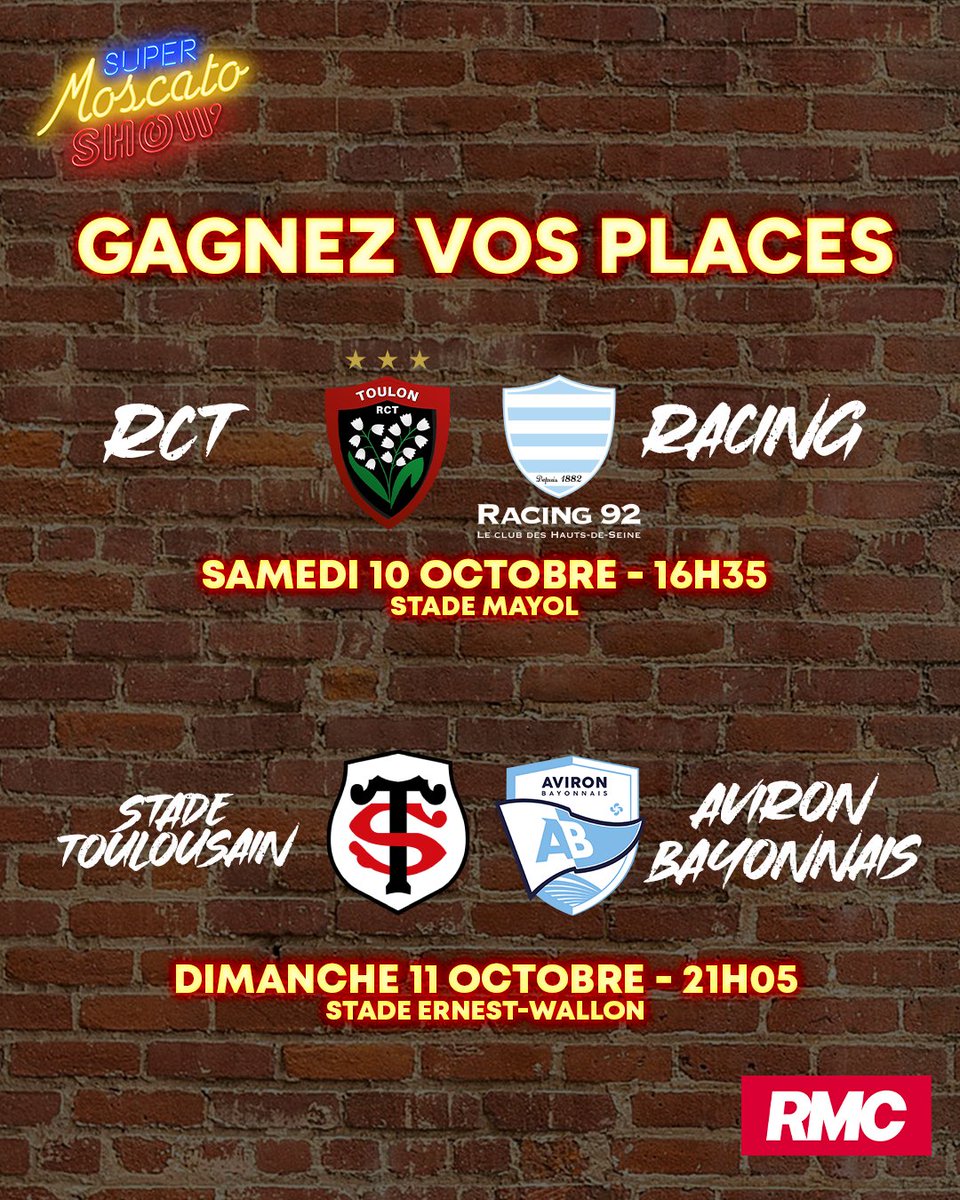 Moscato_Show's tweet photo. 🎁 JEU CONCOURS

🎟️ Tentez de remporter vos places pour assister 5e journée du Top 14.
- RCT face à Racing 92 le samedi 10 octobre à 16H35
- Stade Toulousain face à l'Aviron Bayonnais le dimanche 11 octobre à 21H05

🍀Pour participer, RT + Follow @Moscato_Show et commente avec le match de ton choix.

🏉Bonne chance !