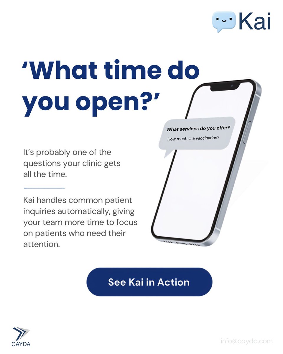 CAYDA_CS's tweet photo. Your team shouldn't have to answer the same questions all day.

Let Kai handle common patient inquiries instantly, 24/7, so your staff can focus on what matters most: patient care.

#KaiAI #HealthcareTechnology #PatientExperience #DigitalHealth #ClinicManagement #CAYDA https://t.co/OF3tyq3hGa