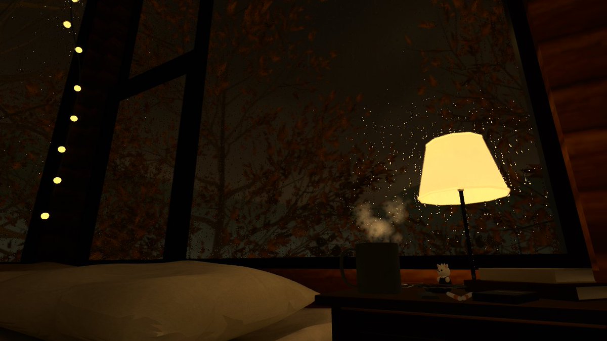 immmo_chan's tweet photo. 新作ワールド「秋霖に霞む」を公開しました～
秋＋雨＋薪ストーブでチルな激狭ワールドです🍂

今回からVIP特典として、「開けると変なものが出てくるBOX」を用意しています‼
他ワールドにも順次設置していくので、ぜひ開けてみてください

  #VRChat_world #VRChatワールド紹介 https://t.co/Owl43SlHgk