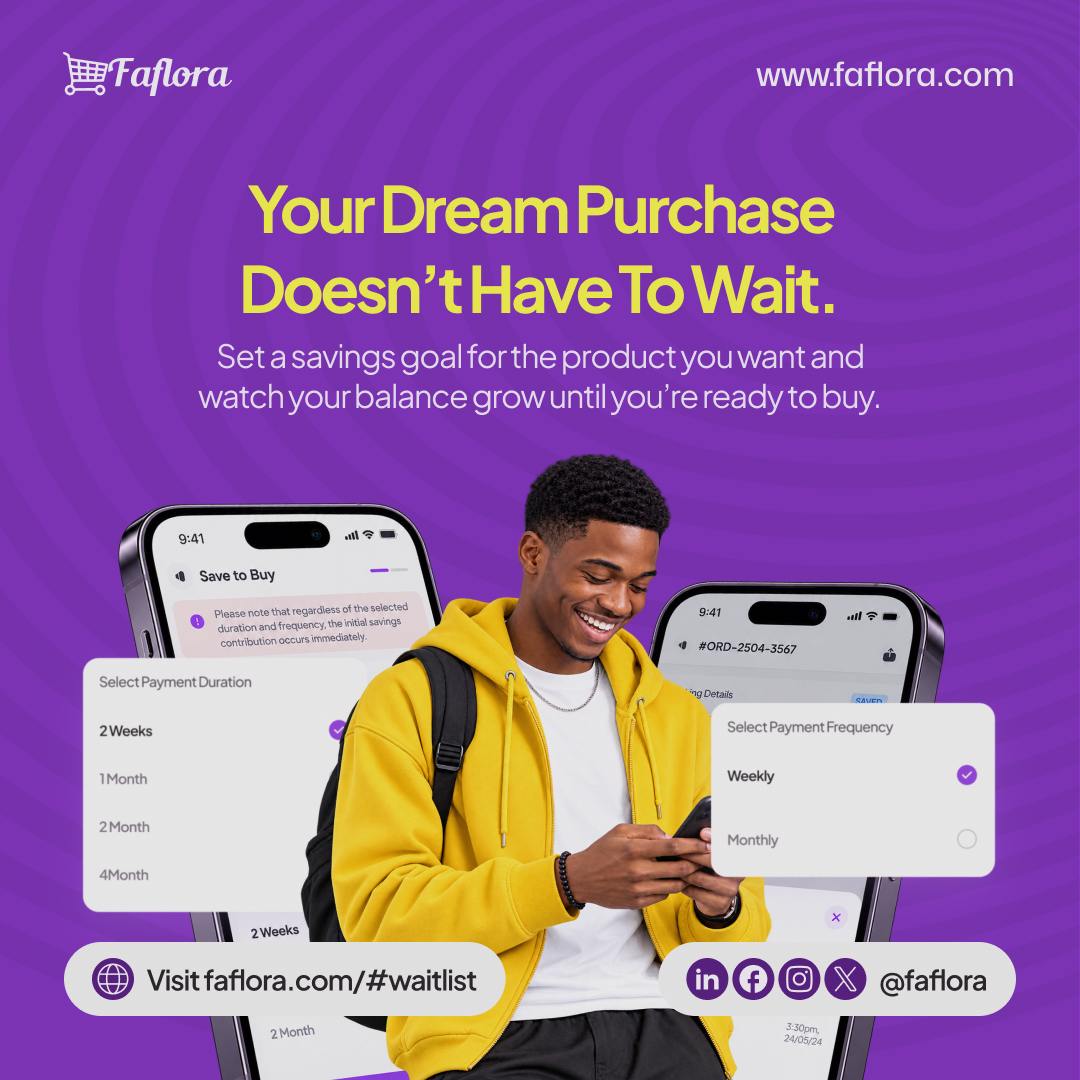 Faflora_NG's tweet photo. Your dream purchase doesn’t have to wait! 
Save towards what you want with Faflora Save-to-Buy. Set your goal, choose your payment plan, and watch your savings grow until you’re ready to purchase.Start saving. Start planning. Get what you want.
Join the waitlist today: https://t.co/PGCnznqbt7