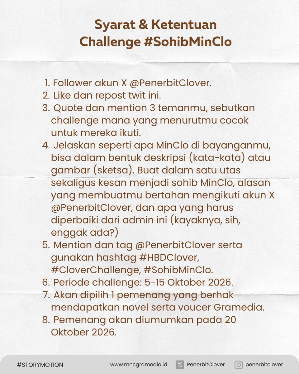 PenerbitClover's tweet photo. Dalam rangka merayakan ulang tahun Clover (ternyata ada ultahnya, kirain hadiah ciki) dan jumlah follower yang akhirnya mencapai 5.000 (thanks, KPI gue tercapai), maka sesuai janji, Kaisar resmi mengadakan #CloverChallenge. Semua rakyat boleh berpartisisapi. Silakan ramaikan! https://t.co/ZpjgMkXUQM