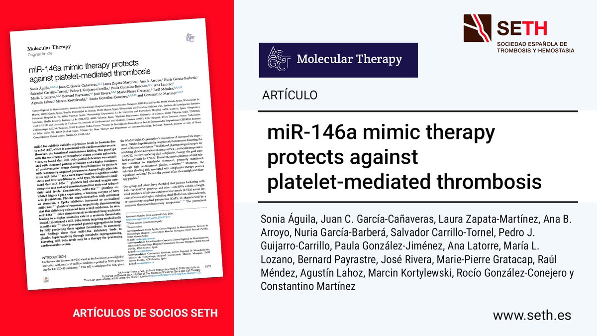 SETH__Oficial's tweet photo. 🔬miR-146a mimic therapy protects against platelet-mediated thrombosis, publicado en Molecular Therapy 👉 https://t.co/XVs6iekVQ6

Autores: Sonia Águila, Juan C. García-Cañaveras, Laura Zapata-Martínez, Ana B. Arroyo, Nuria García-Barberá, Salvador Carrillo-Tornel, Pedro J. Guijarro-Carrillo, Paula González-Jiménez, Ana Latorre, María L. Lozano, Bernard Payrastre, José Rivera...

#SociosSETH #investigación #plaquetas #trombosis #hemostasia @MolTherapy