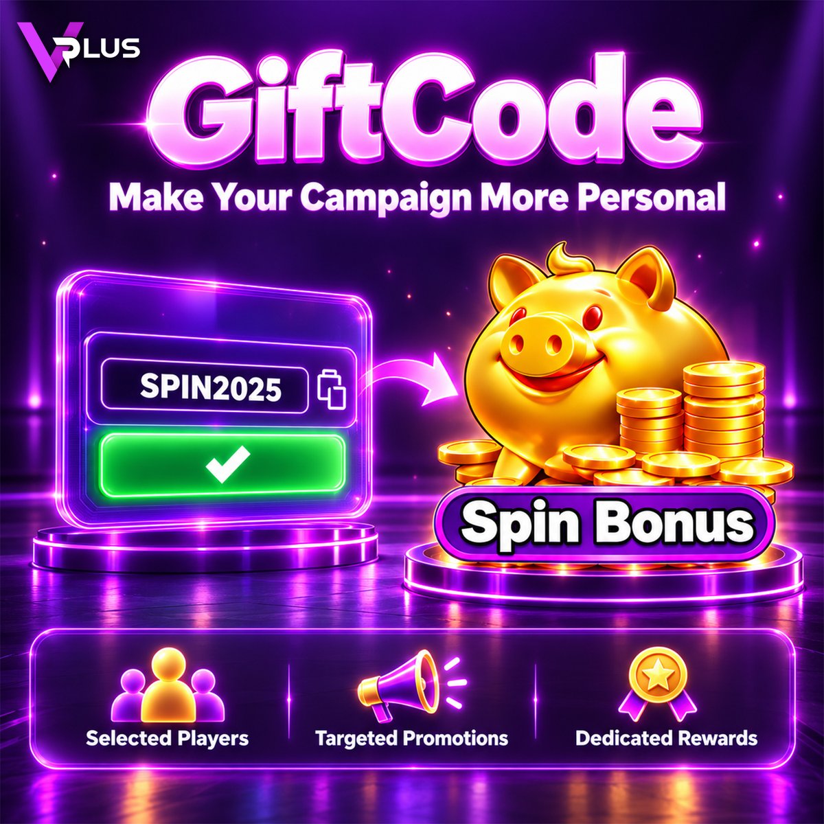 VPlusGaming's tweet photo. 🎯 GiftCode — Make Your Campaign More Personal

🎁 Reward selected players
📣 Support targeted campaigns
🔐 Deliver rewards through dedicated codes

#VPLUS #GiftCode #iGaming https://t.co/3O9L1dcpqp