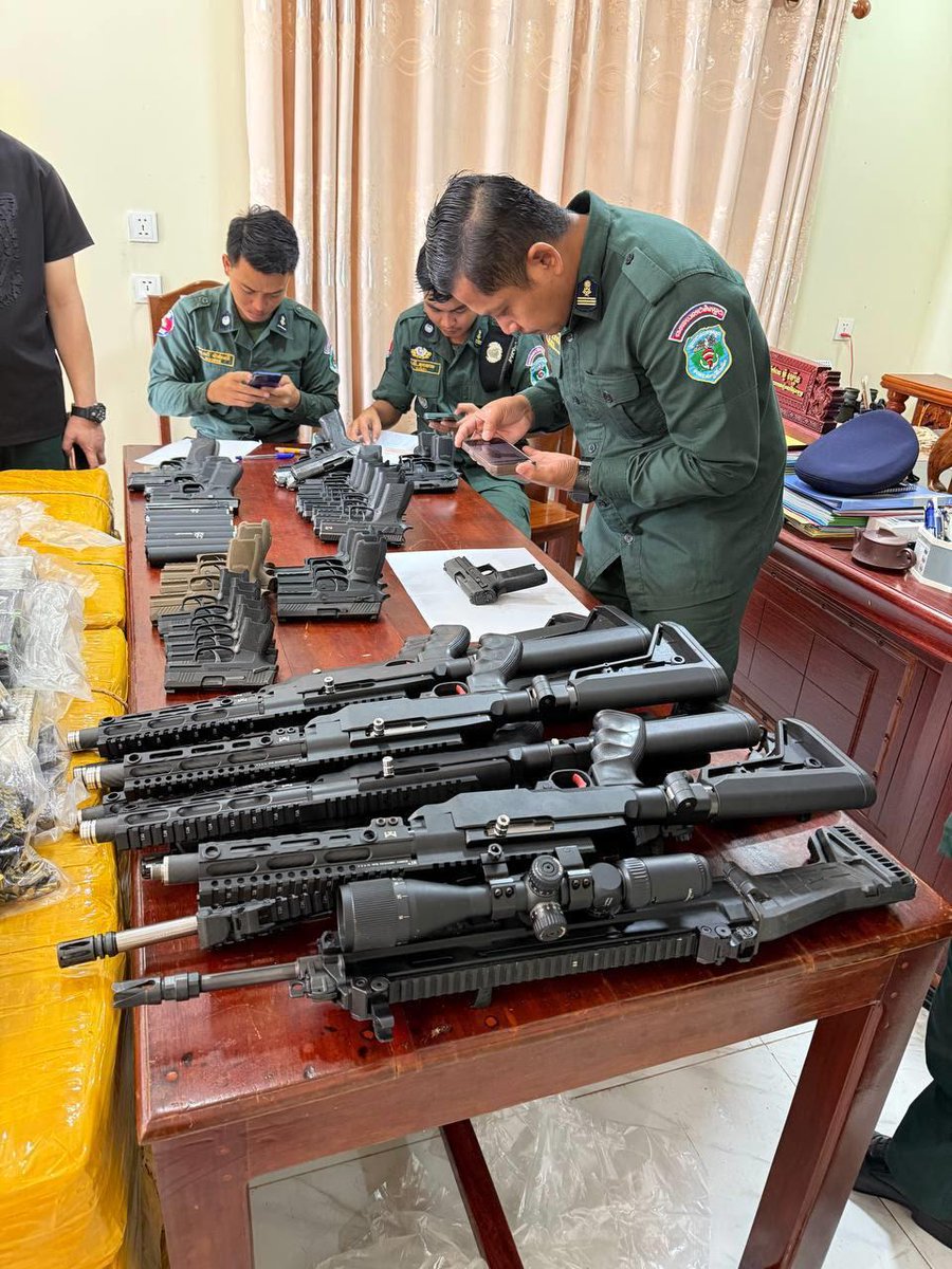 jacobincambodia's tweet photo. UPDATE: Nine Chinese nationals have now been formally charged over the massive drug and weapons seizure off Sihanoukville last month.

Police initially reported seven Chinese detained and around 840 kg of suspected drugs seized. Prosecutors now identify the drugs as approximately 900 kg of ketamine and name nine defendants.

The weapons haul remains staggering. Police seized 49 firearms, 108 magazines, 7,937 rounds of ammunition and eight suppressors during the September 23 operation near Koh Russey. Previous post below.