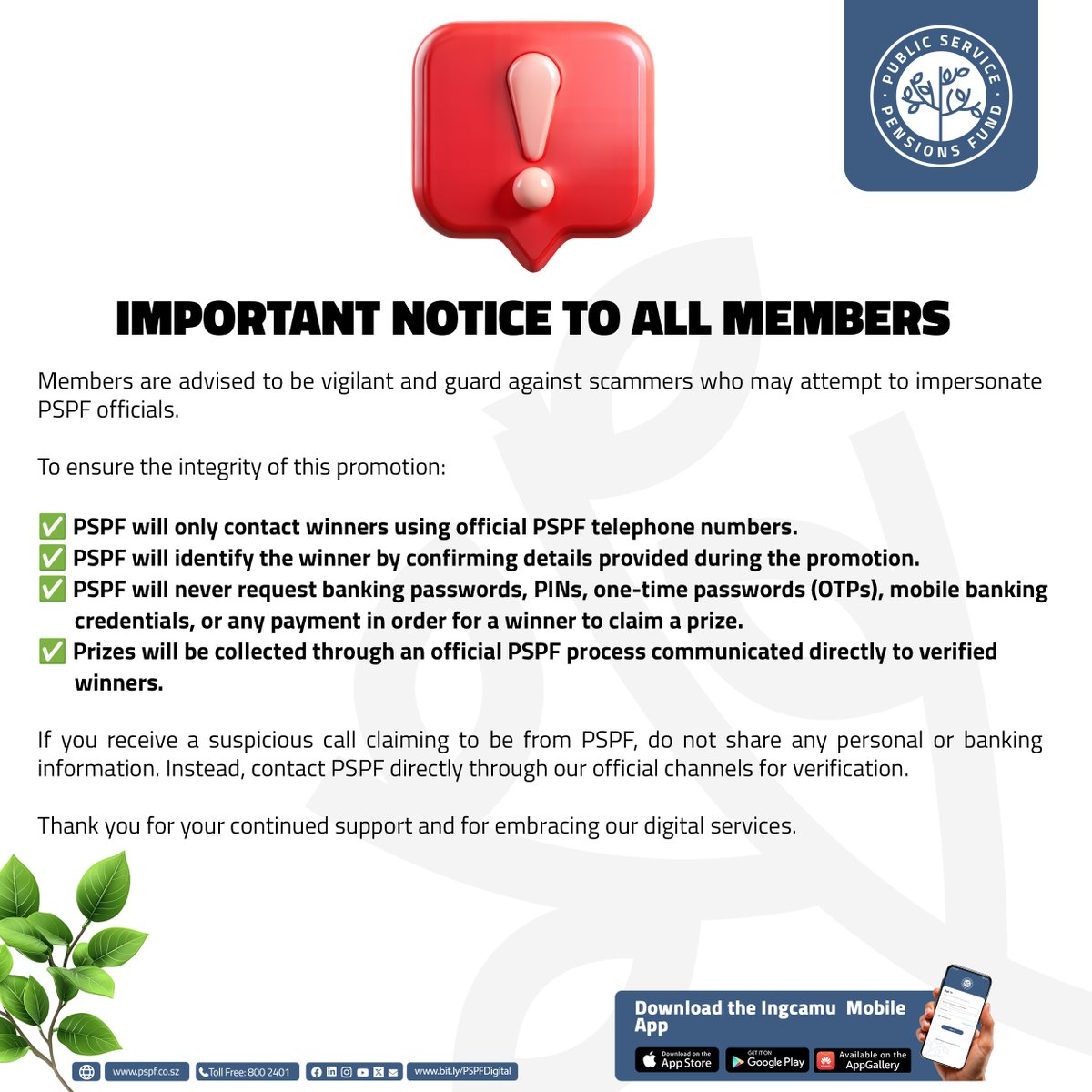 pspf_sz's tweet photo. ✨ CONGRATULATIONS TO OUR INGCAMU MOBILE APP PROMOTION WINNERS!

Thank you for your continued support and for embracing our digital services.

#PSPF #IngcamuMobileApp #EITF2026 #DigitalServices #MemberFirst https://t.co/wjaZJVdEsN