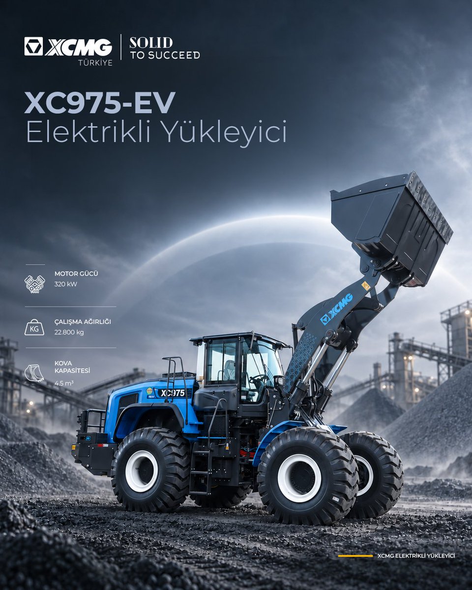 XCMGTurkiye's tweet photo. Yüksek kapasite, düşük maliyet: 𝗫𝗖𝟵𝟳𝟱-𝗘𝗩. ⚡

XCMG XC975-EV Elektrikli Yükleyici; 22,8 ton çalışma ağırlığı, 7 ton çalışma yükü ve 4,5 m³ kova kapasitesiyle ağır yükleme işleri için geliştirildi.

#XCMG #XCMGTürkiye #XCMGProduct #SolidToSucceed https://t.co/micYX5BWZx
