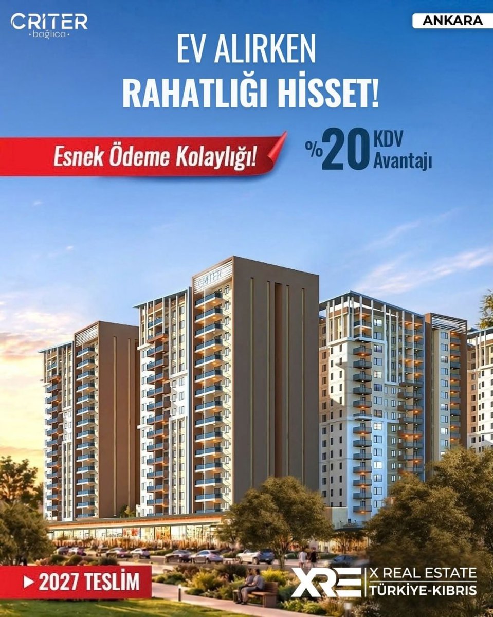 XREXrealEstate's tweet photo. Ev alırken rahatlığı hissedin! Criter Bağlıca'da esnek ödeme kolaylığı ve %20 KDV avantajıyla konforlu bir yaşam sizi bekliyor. 2027'de teslim edilecek bu muhteşem proje için XRE Project ile iletişime geçin. Detaylı bilgi için 444 24 53.

#Ankara #Gayrim... https://t.co/8VO8RVw4BR
