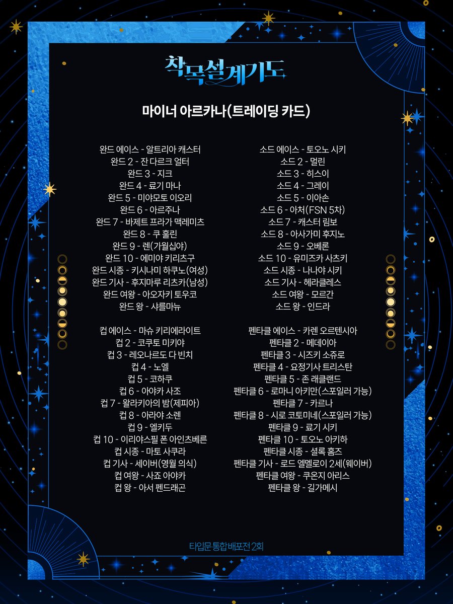 Archetype_Fair2's tweet photo. 타로 카드 디자인 및 최종 캐릭터 명단을 공개합니다.
메이저 아르카나는 전프레로 제작하여 행사 당일 모든 참관객 분들께 제공하며, 마이너 아르카나는 트레이딩 카드 이벤트를 통해 판매될 예정입니다. https://t.co/122lqP5Lz4