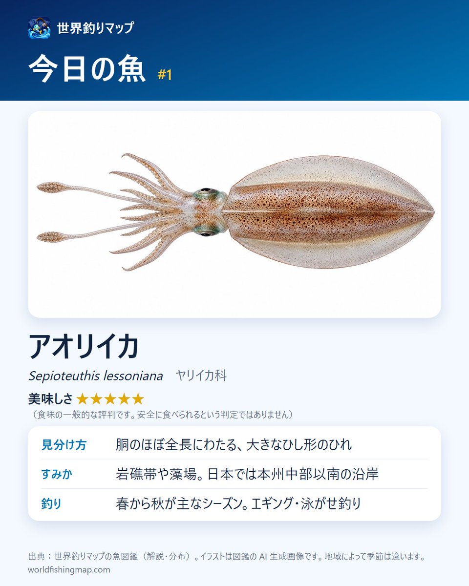 WorldFishingMap's tweet photo. 【今日の魚・第1回】アオリイカ（ヤリイカ科）

見分け方：胴��ほぼ全長にわたる、大きなひし形のひれ
すみか：岩礁帯や藻場。日本では本州中部以南の沿岸
釣り：春から秋が主なシーズン。エギング・泳がせ釣り

図鑑で見る👇
https://t.co/XojXLtDfrn https://t.co/QZnsdq9ioA