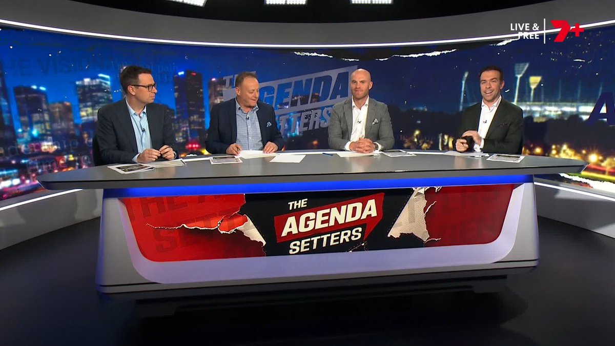 Four male panelists sit at a desk on the Channel 7 sports talk show "The Agenda Setters," broadcast live and free, discussing AFL player trades including Miers potentially joining the Eagles and Pickers raising his price.