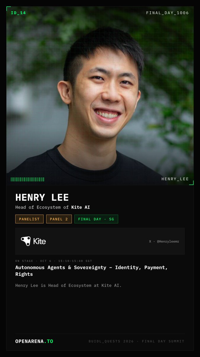 OpenArena_To's tweet photo. Meet @Henryleemr — Panel: Autonomous Agents &amp; Sovereignty.

Product at @GoKiteAI on agentic payment infrastructure — identity and rights when agents can move value.

15:10–15:40 · Final Day · CHIJMES https://t.co/3ju33E6OWj