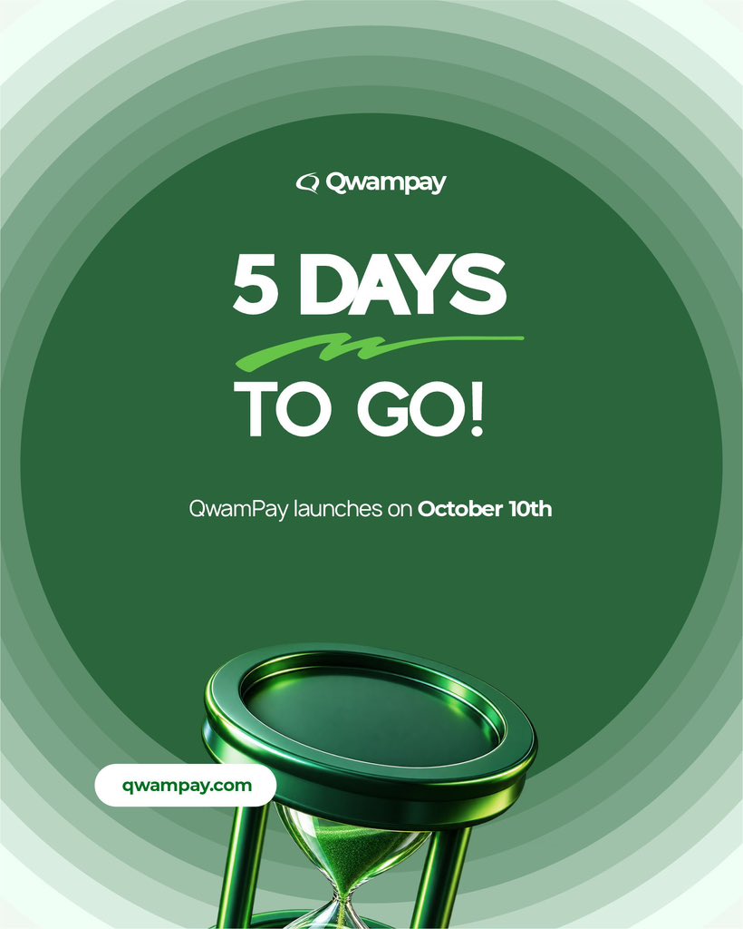 QwamPay's tweet photo. Clock keeps ticking… ⏱️ 

QwamPay launches in 5 days!
Are you ready? 🚀 

•

#qwampay #qwampaylaunch #nigerianfintech #digitalpayments https://t.co/6xTiEh1vkC