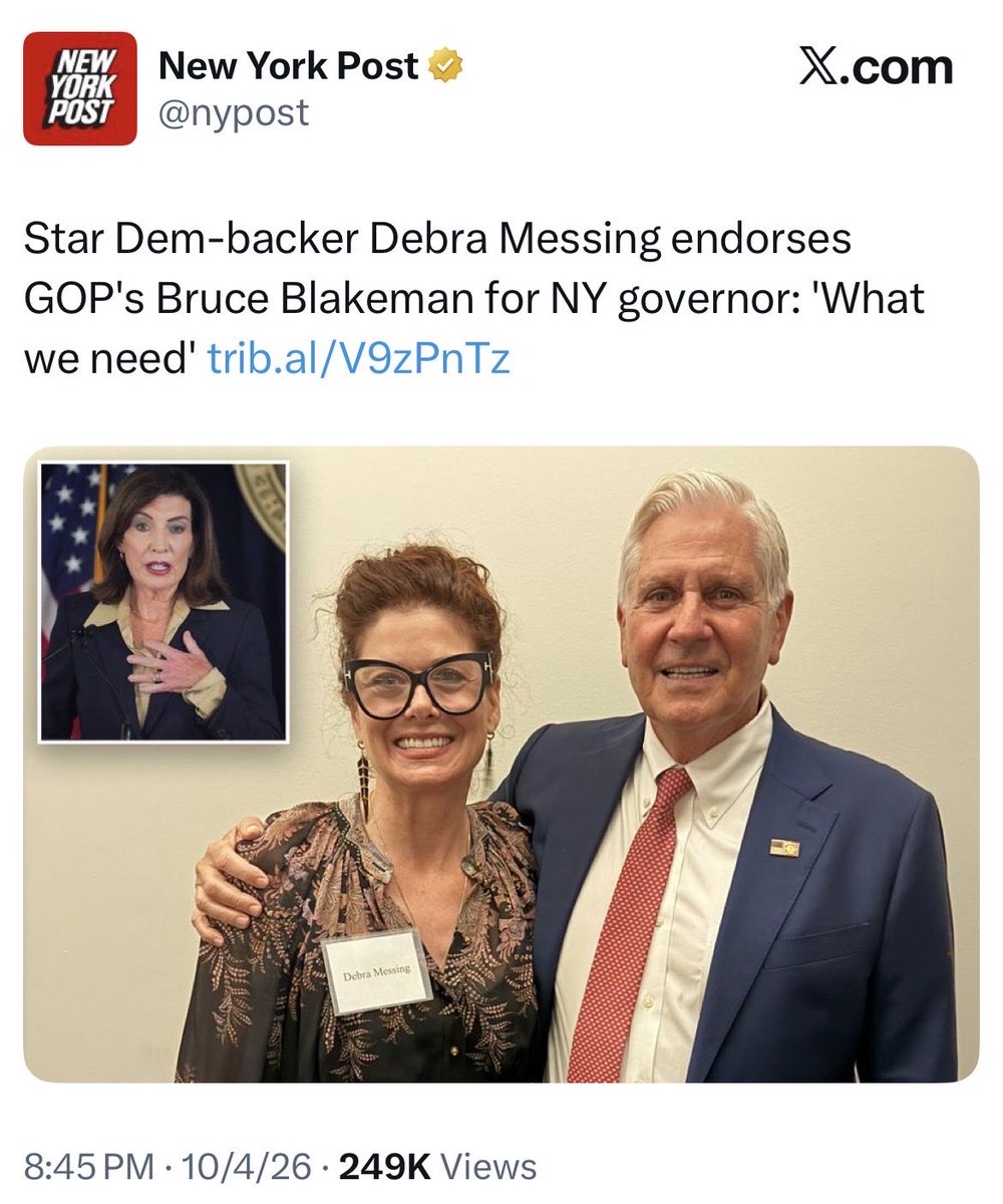 davenewworld_2's tweet photo. Debra Messing has endorsed the pro-Trump, GOP pick for New York governor. 

She's openly snubbing Democrats in blue states and siding with Republicans.

Her grifter arc is complete. https://t.co/kegqVN8f9E