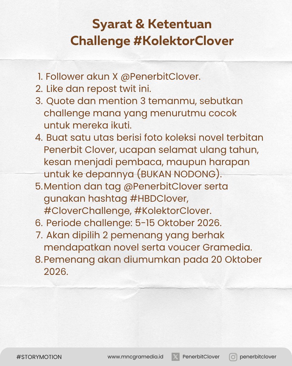PenerbitClover's tweet photo. Dalam rangka merayakan ulang tahun Clover (ternyata ada ultahnya, kirain hadiah ciki) dan jumlah follower yang akhirnya mencapai 5.000 (thanks, KPI gue tercapai), maka sesuai janji, Kaisar resmi mengadakan #CloverChallenge. Semua rakyat boleh berpartisisapi. Silakan ramaikan! https://t.co/ZpjgMkXUQM