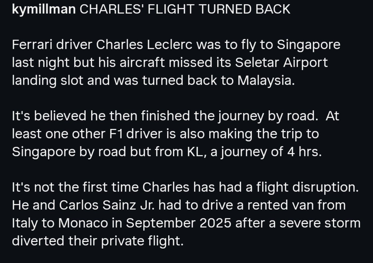 leclercsletters's tweet photo. apparently charles wasn't able to land in singapore so his flight had to go back to malaysia and he drove to singapore

bro was not having a good day yesterday 😀 https://t.co/aMBNuKGoJs