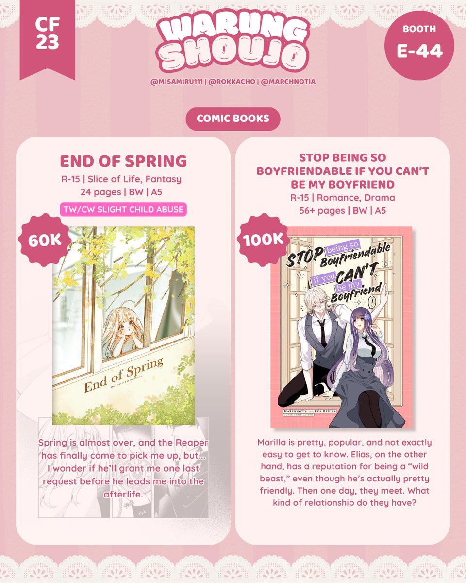 nadhh20's tweet photo. Open PO kilat untuk CF23! RTs are appreciated~

Original Comic, Genshin Impact, Honkai Star Rail, Nijisanji JP, Persona Series ✨

🗓 PO available until 10 October 2026
📦 Pick Up (SunnyCat Studio x Warung Shoujo E43-44) / Mail Order
🔗 https://t.co/2PifxqDo8B
#CF23 #Comifuro23 #GenshinImpact #Nijisanji #HonkaiStarRail
