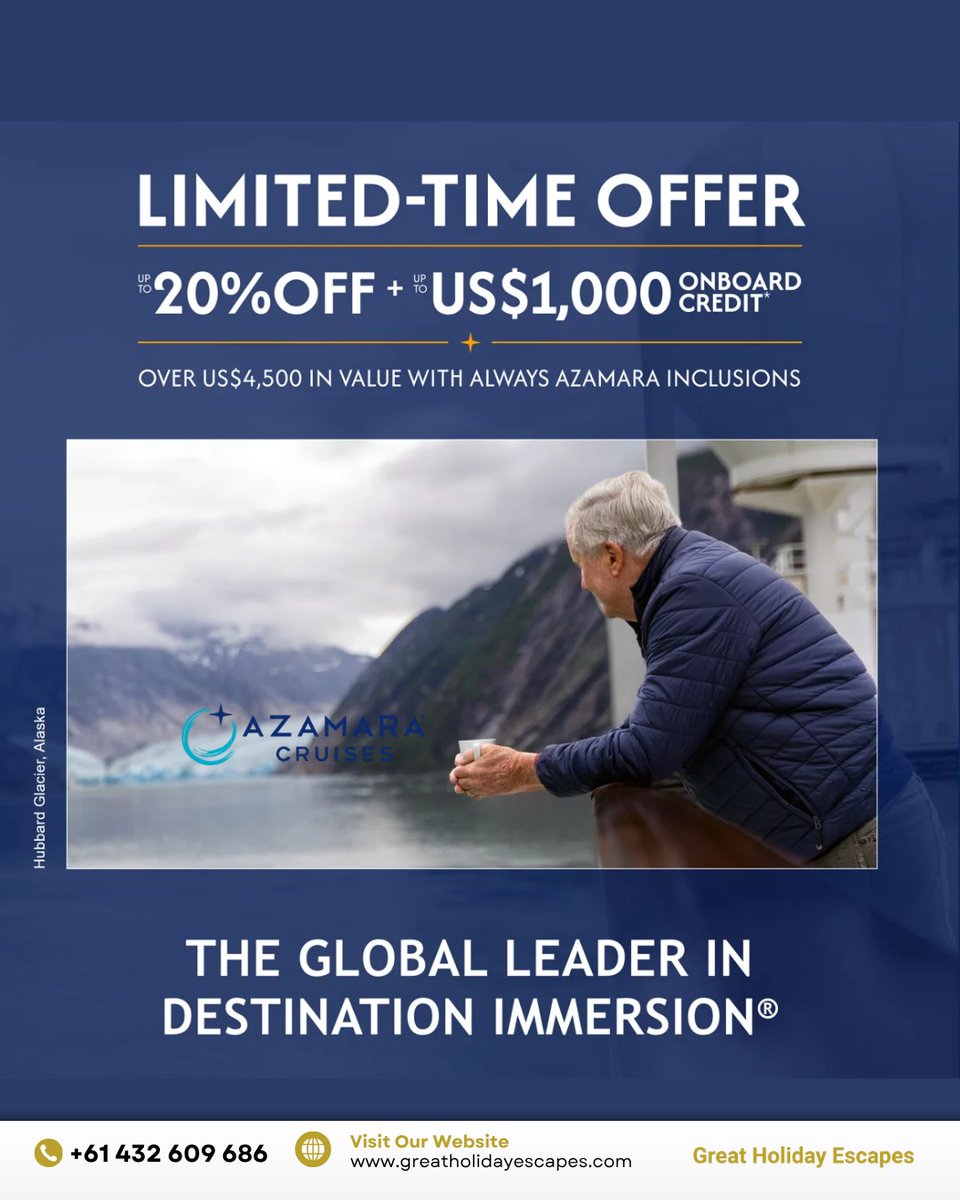LauroBucio's tweet photo. Alaska is calling. Cruise breathtaking landscapes, spot incredible wildlife, and explore unforgettable destinations with Azamara. Save up to 20% off plus up to US$1, 000 onboard credit. Terms apply. Offer ends 30 September 2026. https://t.co/cV5XUKX00d
