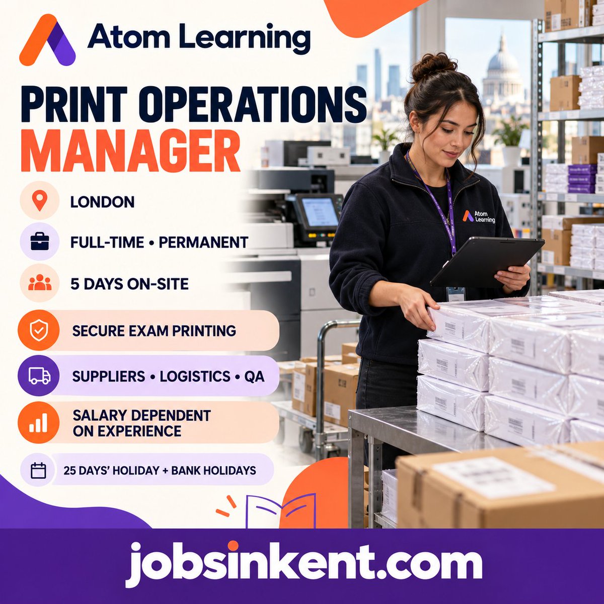 JobsInKentcom's tweet photo. Print Operations Manager

📍 Central London
💷 Salary DOE
🕒 Full-time, permanent
🏢 Five days on-site

Oversee secure assessment printing, suppliers, logistics, QA and deliveries for Atom Learning.

Apply: https://t.co/UfePkcXKFB

#LondonJobs https://t.co/ypy02iagfZ