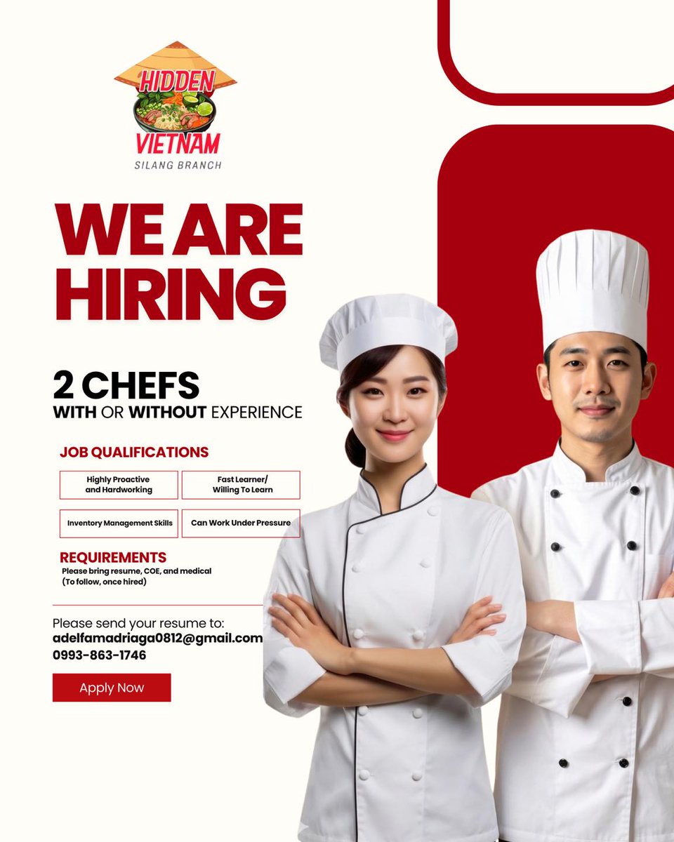 yaoi_3G's tweet photo. WE ARE HIRING: 2 CHEFS

Hidden Vietnam - Silang Branch seeks proactive, hardworking kitchen team members. Experience is optional if you’re eager to learn. Requirements: inventory skills and ability to work under pressure. Send your resume, COE, and https://t.co/RFND3dEuML