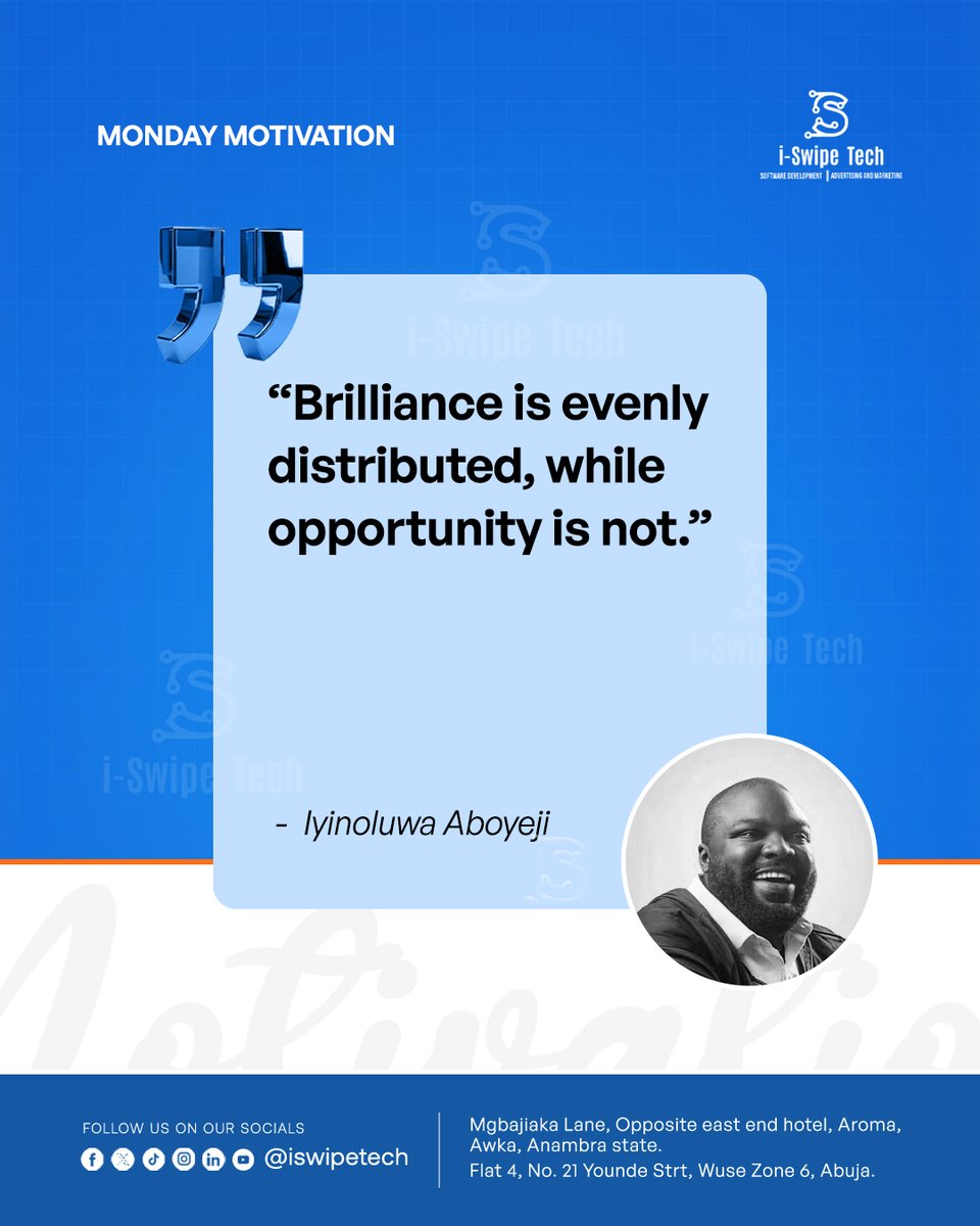 ISwipeTech's tweet photo. βBrilliance is evenly distributed, while opportunity is not.β
Join our current cohort today:
π https://t.co/9QUIINtMBL
#IswipeTech
#MondayMotivation
#TechCompanyInAwka
#TechAcademyInawka
#TechCompanyInAbuja https://t.co/Q32hKBRka2