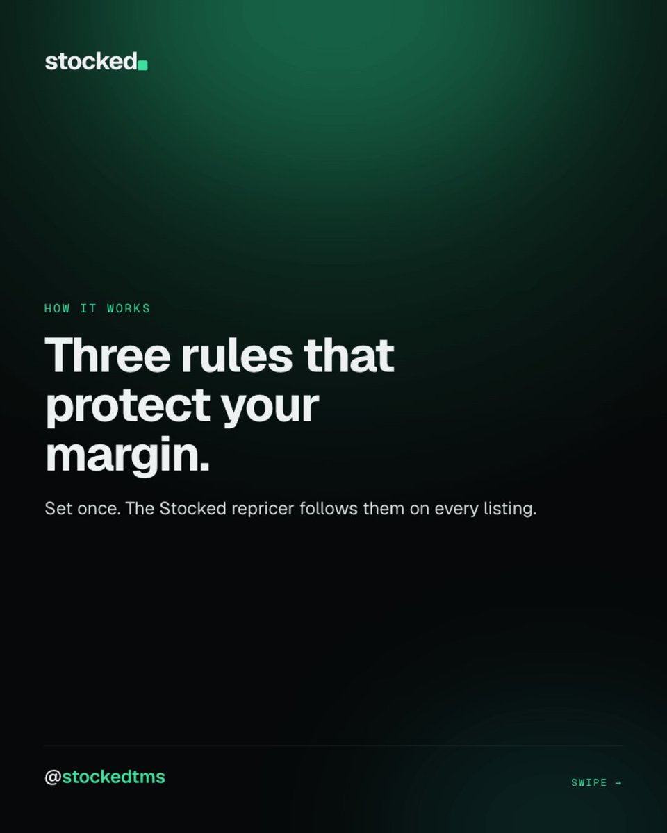 stockedtms's tweet photo. Three rules protect your margin.

1. Set a floor.
2. Pick a strategy.
3. Choose your channels.

Set them once and the repricer follows them on every listing.

#ebayseller #repricing https://t.co/62w0qiIj3O