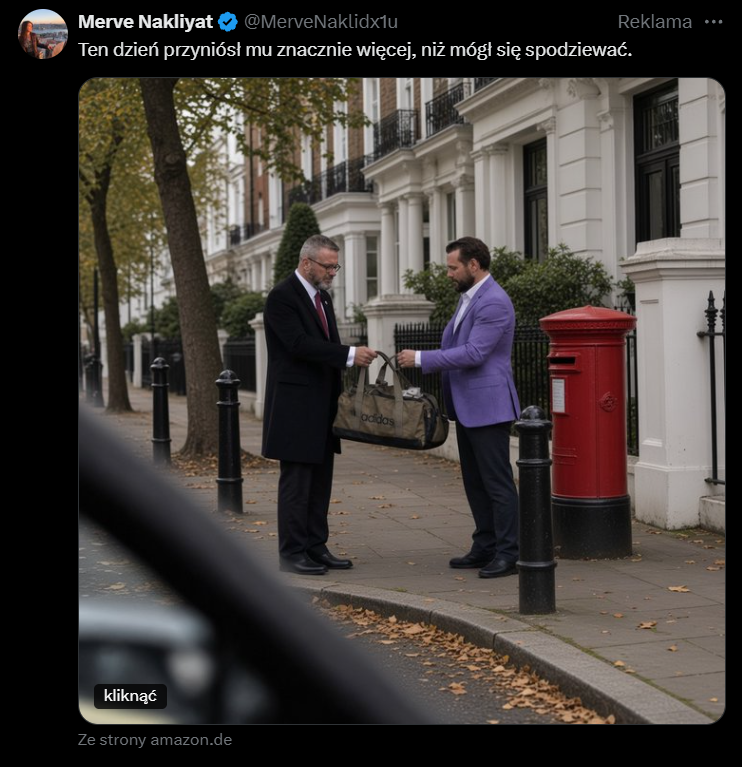lwrzesinski's tweet photo. Kolejny dzień i kolejny scam na X, gdzie na wygenerowanym w AI zdjęciu osoby podobne do @K_Stanowski i pewnego polityka reklamują w sumie niewiadomoco, na dole tylko dopisek że niby z amazonu. https://t.co/5TxhsCJ6KQ