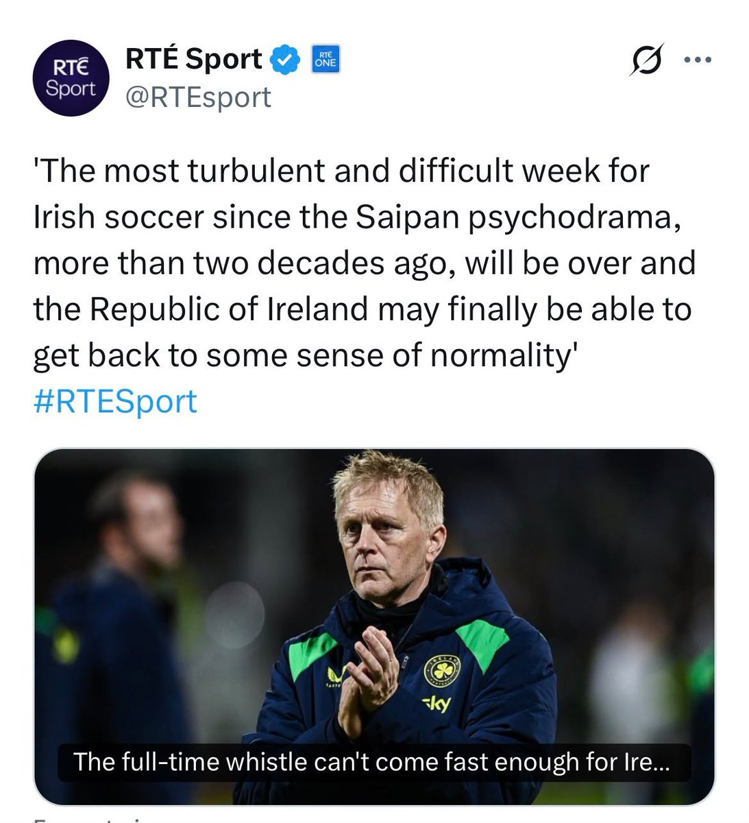 TheNewReview2's tweet photo. Are @RTEsport actual fucking psychopaths. What kind of a comparison is this?

It will be great to go back to a 'sense of normality ' now that the pesky business of protesting mass murder, mass torture, multiple war crimes is over. 

Almost as serious as Saipan..

Fucking weirdos https://t.co/1thbPJaUBu