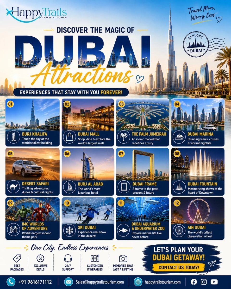 pichito97's tweet photo. One City. Endless Experiences. Dubai blends luxury, adventure, culture, and unforgettable memories. From Burj Khalifa and Palm Jumeirah to desert safaris and Ski Dubai, there’s something for everyone. Let HappyTrails plan your perfect Dubai https://t.co/uS0SQTn8um