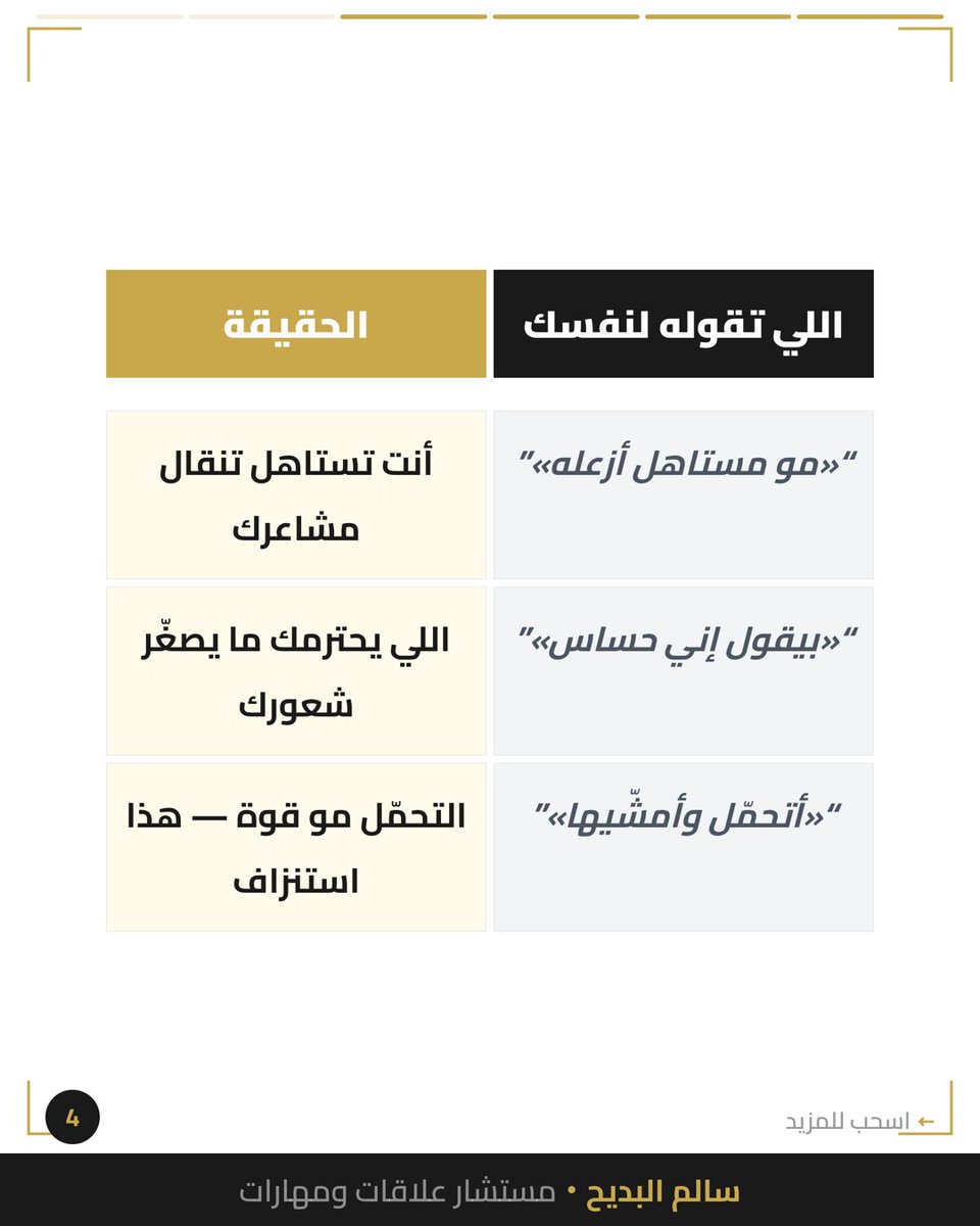 salbdayeh's tweet photo. كتبت 'أنا زعلان منك' — مسحتها.

ليش؟ لأن دماغك توقّع عقاب.

الطفل داخلك تعلّم: صوتك = مشكلة.

وكل مرة تمسح كلامك، أنت تعلّم نفسك إن مشاعرك ما تستاهل تُسمع.

شنو آخر شي مسحته؟

#الصحة_النفسية #الحدود_الشخصية https://t.co/YWdYlIudaJ