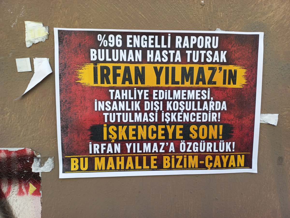 bizimcayan's tweet photo. BU MAHALLE BİZİM-ÇAYAN 
%96 Engelli raporu bulanan hasta tutsak İrfan Yılmaz'ın tahliye edilmemesi insanlık dışı koşullarda tutulması işkencedir işkenceye son İrfan Yılmaz'a özgürlük! @4tayadliaileler @Okmburasi @sarigazi3698 @halknsesi26 @yildizmodatoly8 https://t.co/iERgfRbuDM